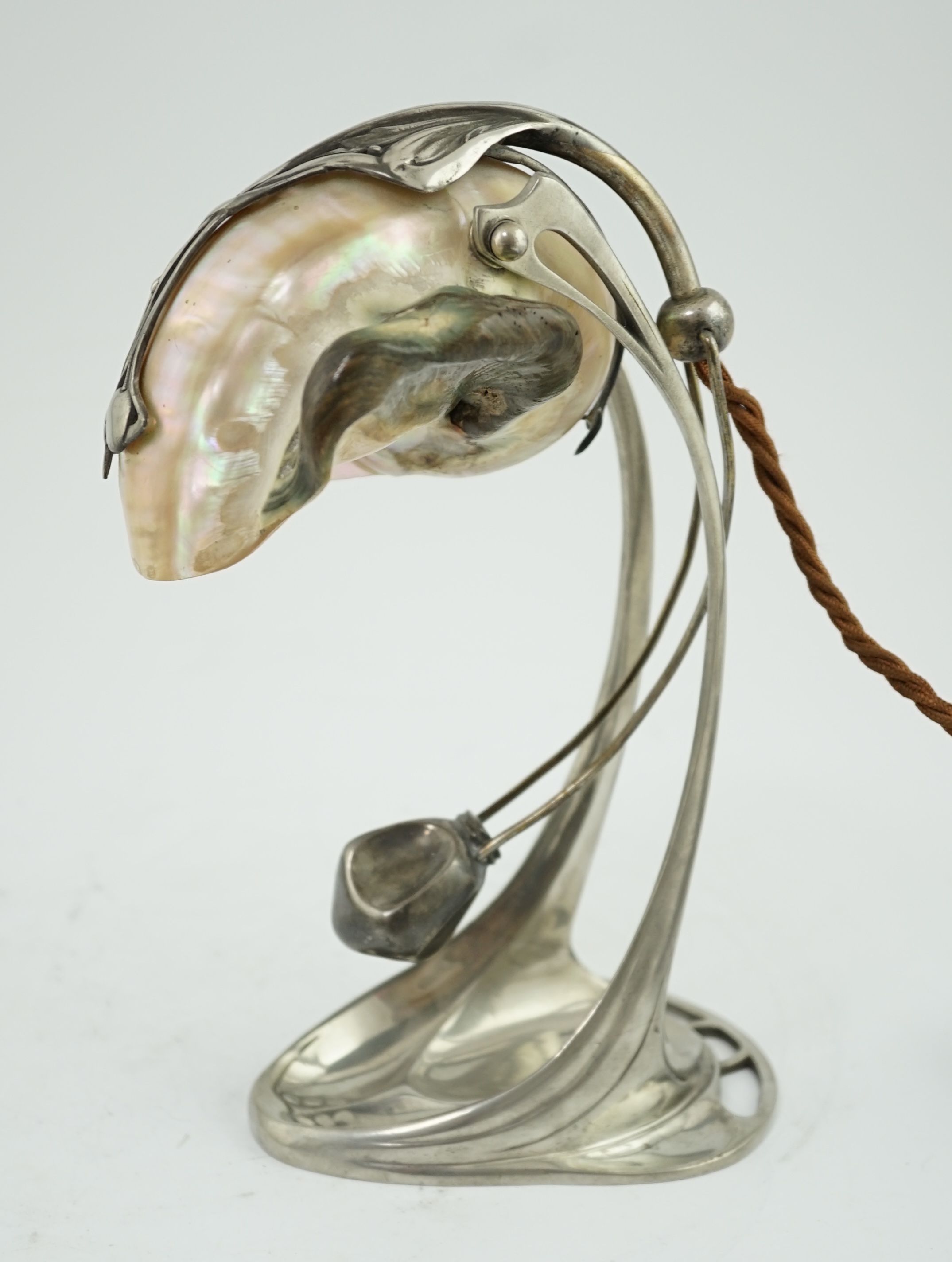 An Art Nouveau electroplate counter-weighted shell mounted table lamp, by Moritz Hacker, c.1900